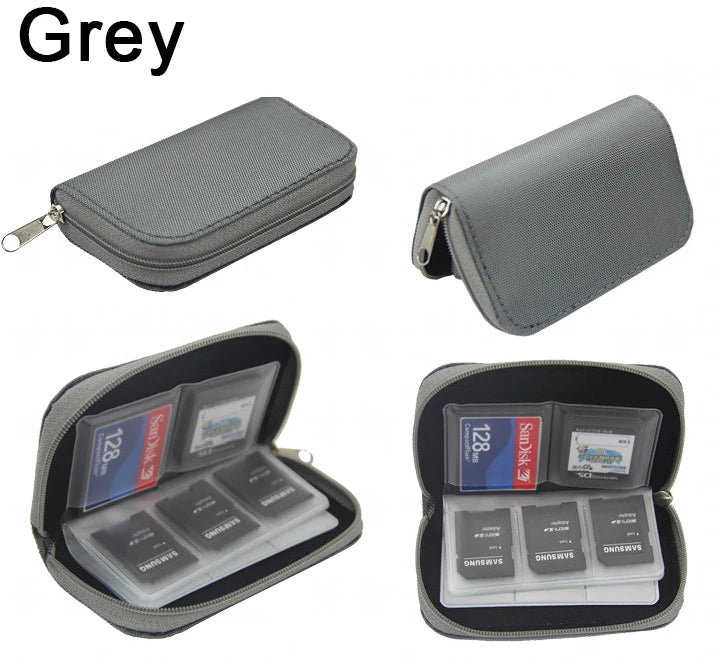 The NoEnName Memory Card Collect Bag - 22 Slot Organizer Case, shown both closed and open, is a grey zippered bag with water-repellent fabric that neatly stores multiple memory cards in clear slots for organized storage.