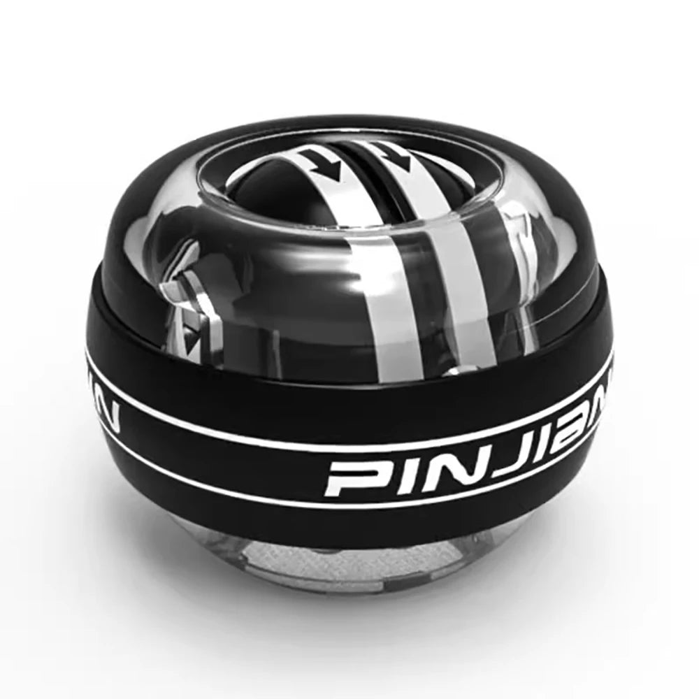 The Wrist Trainer Self-starting Gyro Ball boasts a black and silver design with a transparent casing. It features rotating internal components for grip and forearm strengthening, while its adjustable intensity offers a customizable workout experience.