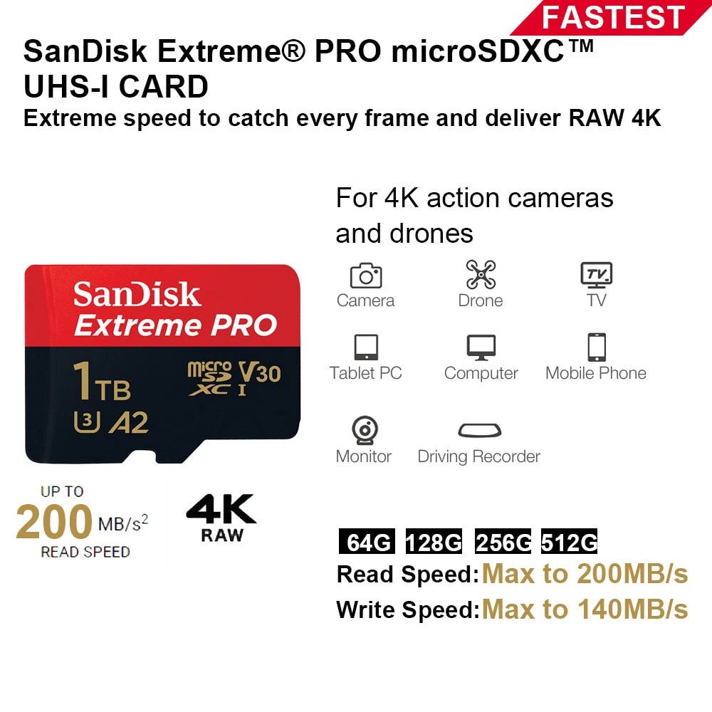 SanDisk Extreme PRO Micro SD Card 200MB/s for 4K Video