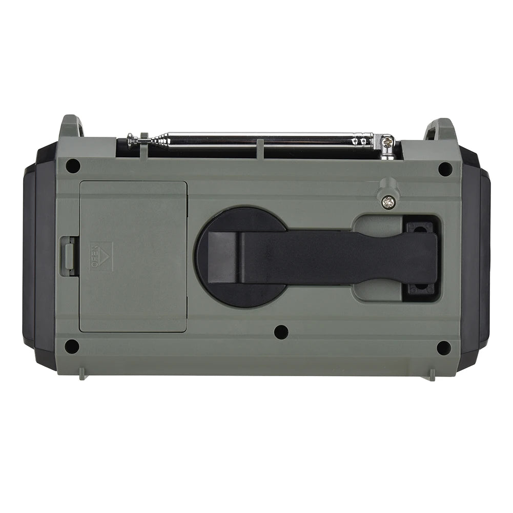 The APWIKOGER 10,000mAh Solar Hand Crank Emergency Radio features a rugged green and black design with a top carry handle, a silver retractable antenna, and a side battery compartment cover.