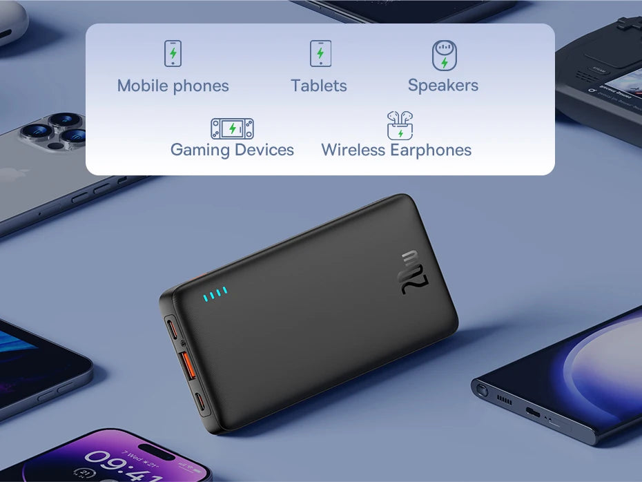 The Baseus Airpow 20W Power Bank 10000mAh Fast Charge Charger, surrounded by mobile phones and a tablet, features blue LED indicators. An illustration lists compatible devices: mobile phones, tablets, speakers, gaming devices, and wireless earphones.