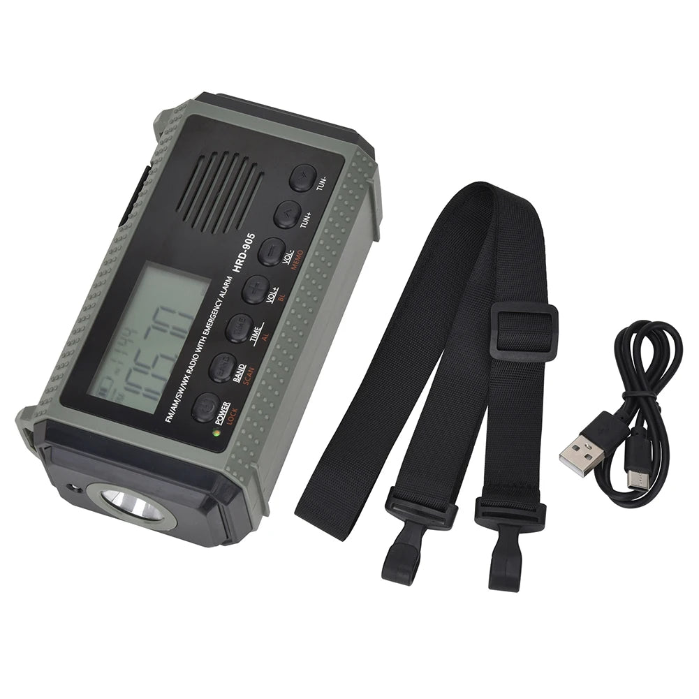 The APWIKOGER 10,000mAh Solar Hand Crank Emergency Radio in black and green features a digital display, solar hand crank, flashlight, speaker, detachable black strap, USB charging cable, and extended use battery.