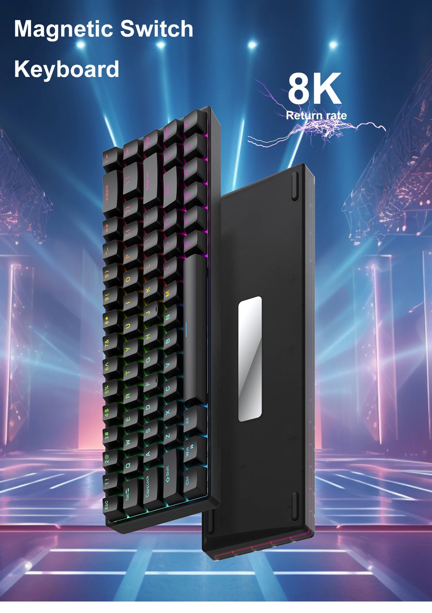 The sleek Raven68 Magnetic Keyboard - RGB, 8K Return Rate is showcased with vibrant RGB lighting on a futuristic stage, dynamic light beams streaming across the background.