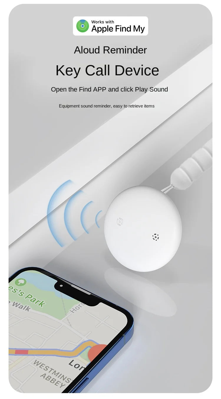 A promotional graphic showcases the NoEnName GPS Tracker - a Bluetooth Locator for Pets compatible with Apple Find My. It emits sound waves and pairs easily with your smartphones map. Text: Includes Aloud Reminder Key Call Device features and usage instructions.