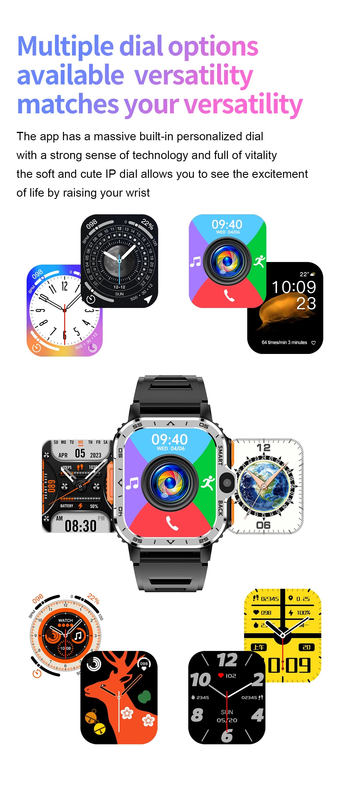 The Valdus PGD Smart Watch for Men - 4G, Dual Camera offers vibrant digital watch face options, including abstract patterns and a Halloween theme, to match your versatility while keeping you connected on the go.
