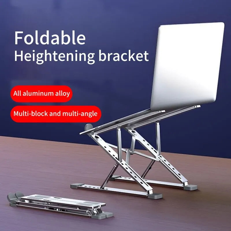 The Adjustable Aluminum Laptop Stand enhances ergonomic comfort by angling laptops. It features an adjustable folding design, all-aluminum alloy construction, and varied angles. Located in the lower-left corner, its neatly folded for portability.