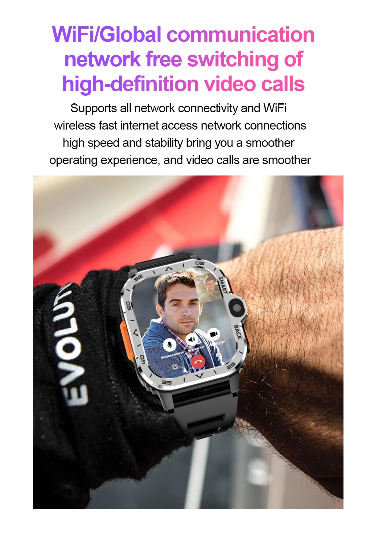 The Valdus PGD Smart Watch for Men features a sleek display showcasing video calls, supported by 4G Wearable network connectivity and dual cameras. A blurred arm in a black glove appears in the background, with vibrant pink and black text highlighting these capabilities.