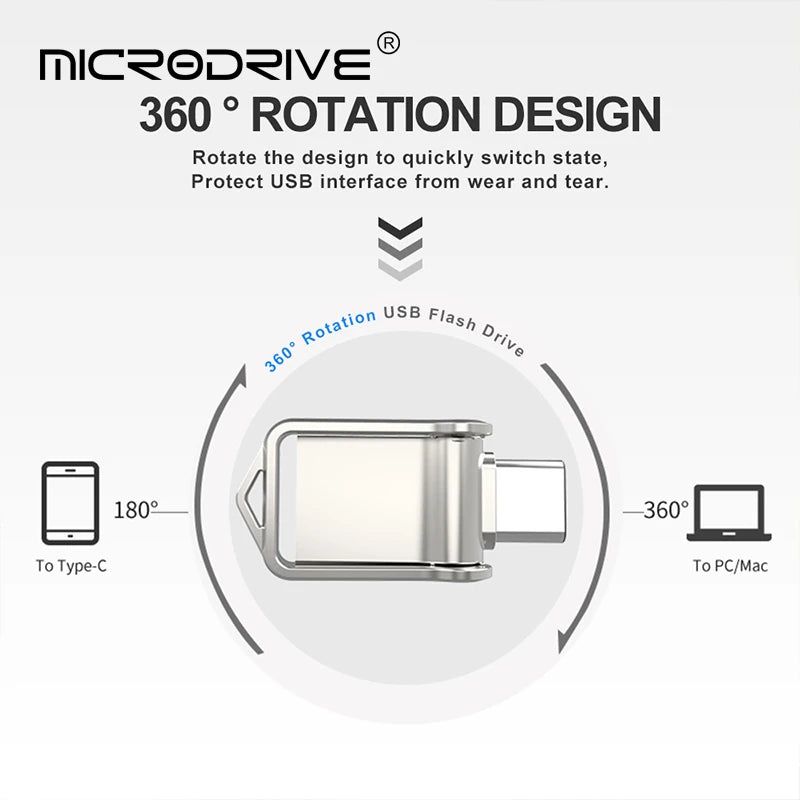 The MicroDrive Mini USB 2.0 Flash Drive, available in 64GB and 32GB, features a 360-degree rotation design with reversible Type-C and standard USB connections for versatile, secure data transfers across devices.