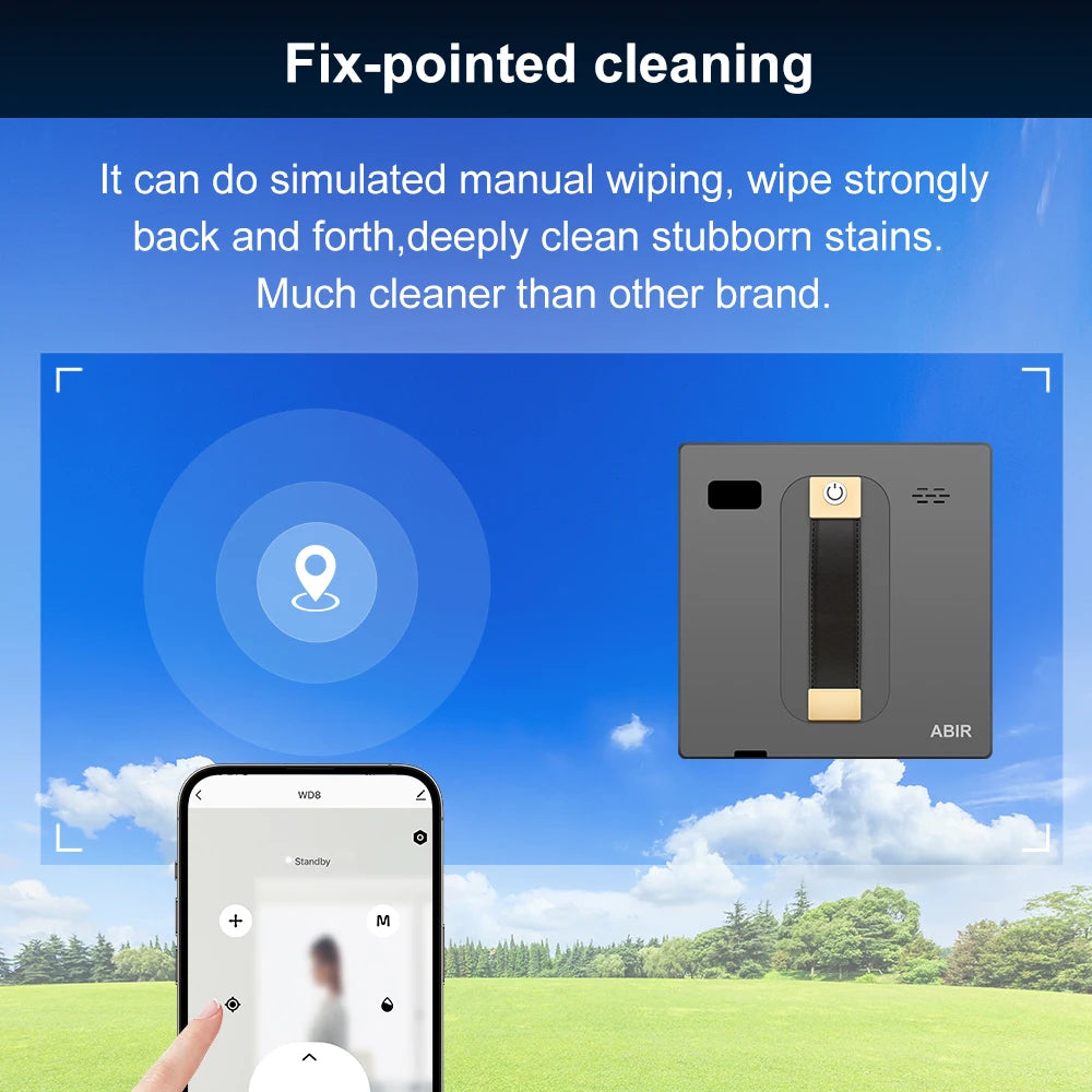 A promotional image features the ABIR WD8 Robot Window Vacuum, highlighting its Fix-pointed cleaning and dual water spray system. Controlled via a phone app, it’s set against a sunny blue sky and lush green grass, showcasing smart home integration.