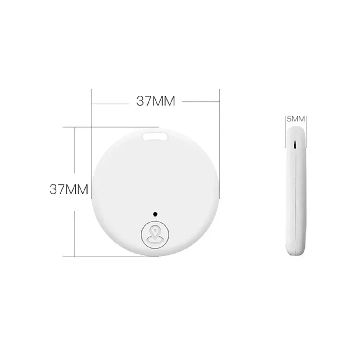 The Mini Bluetooth GPS Tracker is a white circular device, 37mm in diameter and 5mm thick, ideal for real-time pet safety tracking. It features a small button and hole for attachment. Sleek design shown from front and side views on a plain background.