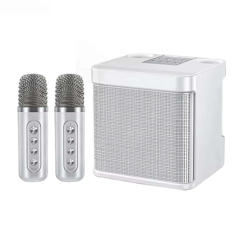 The Portable Dual Microphone Bluetooth Karaoke Machine for Parties includes a silver speaker with two wireless microphones, ideal for a karaoke experience. It features a perforated grille and button-controlled microphones, presented on a white background for sleek visual appeal.