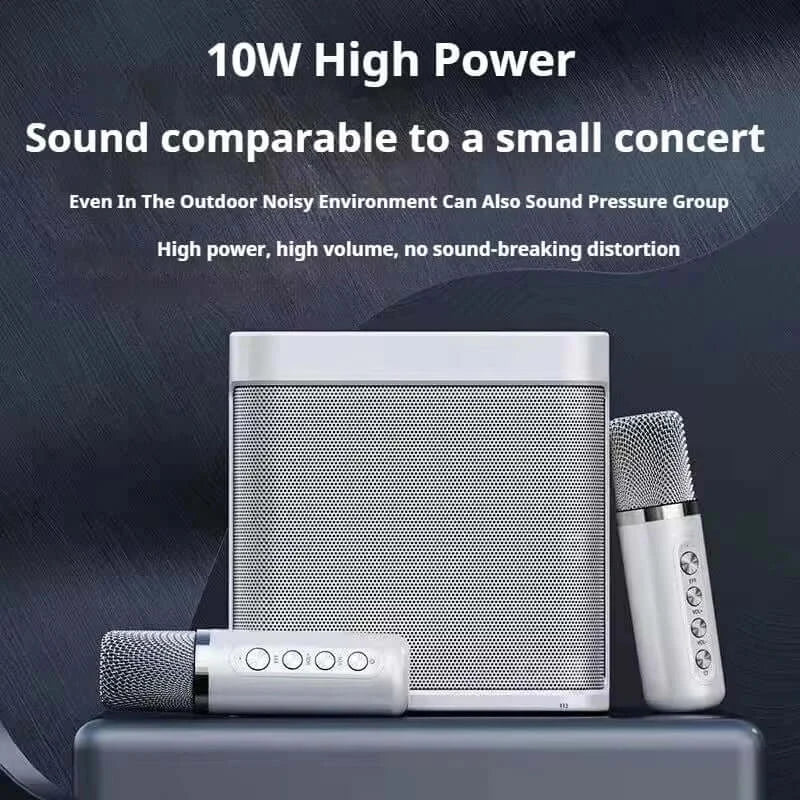 Image of the Portable Dual Microphone Bluetooth Karaoke Machine for Parties showcases features: 10W High Power and concert-like sound quality. Delivers impressive sound pressure even outdoors, ensuring high power and volume with no distortion.