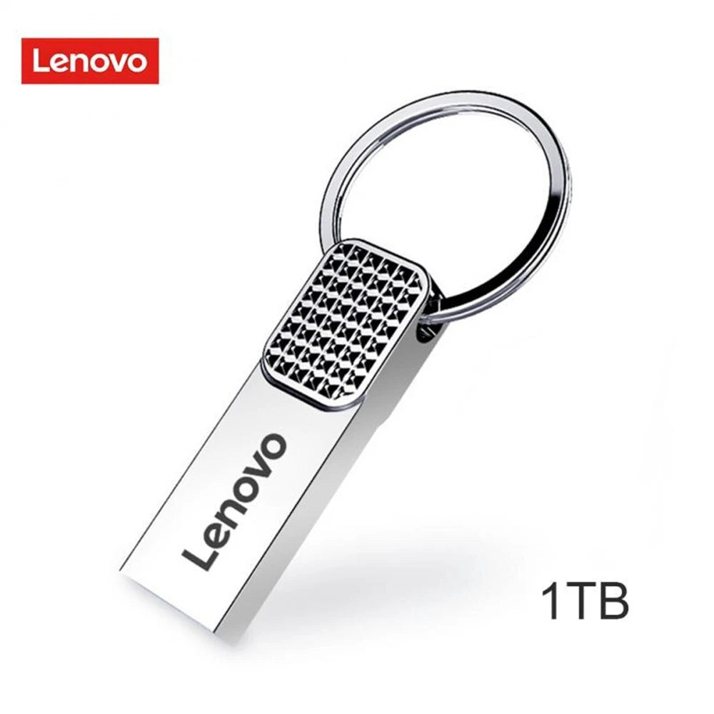Introducing Lenovos 2TB USB 3.0 OTG Pen Drive, a sleek silver device with a textured surface and keyring attachment, perfect for everyday high-speed storage needs.