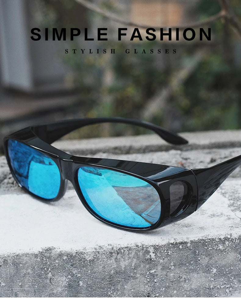 MOKDUFF Polarized Sunglasses rest on a stone surface under clear skies. The backdrop of greenery lightly blurs, emphasizing their style. Text above states SIMPLE FASHION STYLISH GLASSES, showcasing their UV400 Protection for exceptional clarity and safety in the sun.