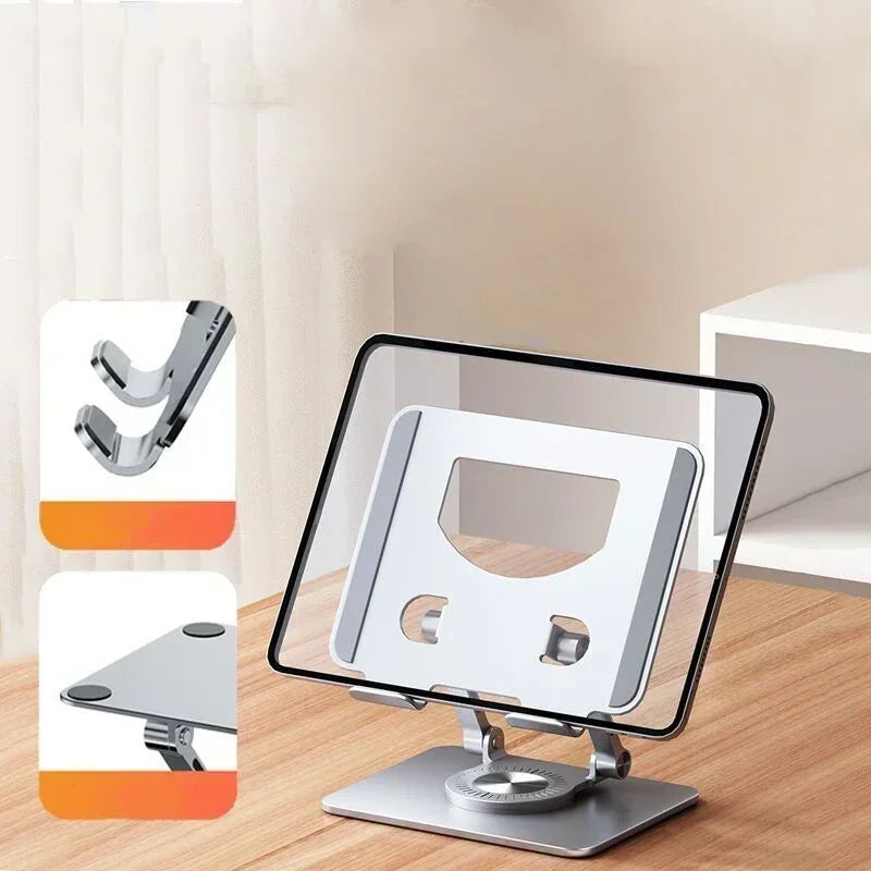 An Adjustable 360° Rotatable Tablet Stand for 4.7-12 Devices, made of sleek aluminum, is displayed on wood with close-ups of its grip and rotation features. Soft natural light creates gentle shadows in the background.