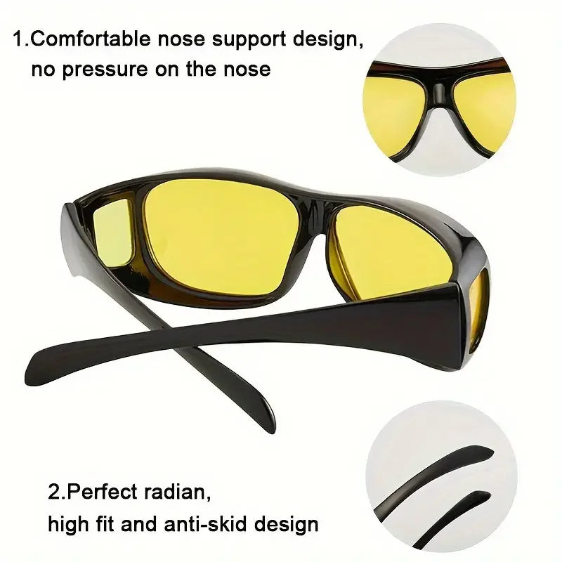 NoEnName Night Vision Glasses - Anti-Glare Driving feature yellow lenses, black frames, comfortable anti-skid nose support, and perfect radian design. Close-up images of nose support and arm tips. Ideal for clearer vision while driving.