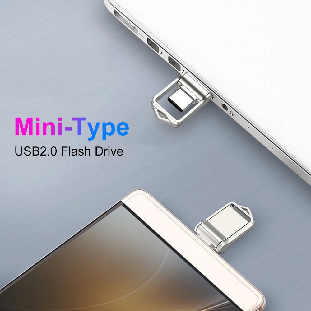 An image shows a MicroDrive Mini USB 2.0 Flash Drive connected to a laptop and smartphone, with the text MicroDrive Mini USB 2.0 Flash Drive - 64GB & 32GB Storage Options at the top left. The devices sit on a smooth, reflective surface.