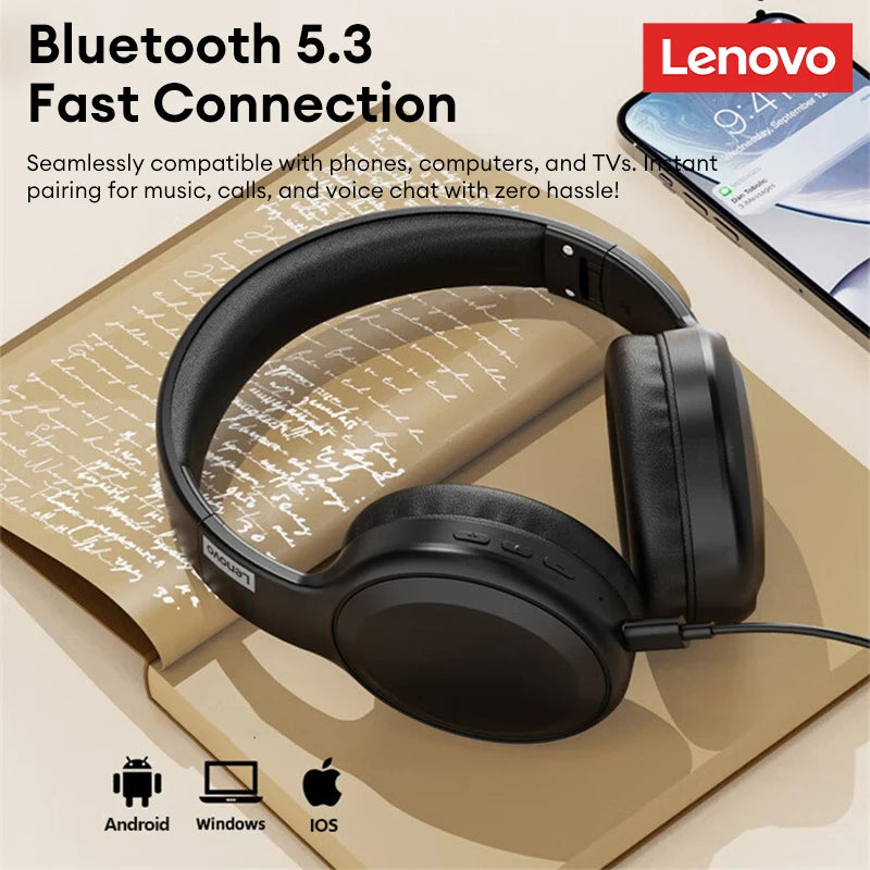 A Lenovo ad features black over-ear Lenovo TH30 Wireless Headphones with Bluetooth 5.3 and noise cancelling on an open notebook, alongside a smartphone and a plant in the background. The text emphasizes compatibility with Android, Windows, and iOS for seamless integration.