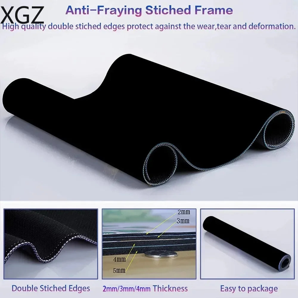 The image showcases the Large Terrain Map Gaming Mouse Pad, featuring a rolled-up black design with anti-fraying stitched edges. It offers a non-slip, durable build with a double-stitched frame and comes in 2mm, 3mm, and 4mm thicknesses. Close-up images display details and thickness measurements.