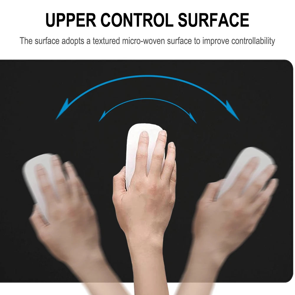 Three images depict a hand moving a mouse left and right over a black Ziyoulang Large Mouse Pad (800x300mm), featuring stitched edges and textured micro-woven surface for better control. Blue arrows indicate motion; above reads: UPPER CONTROL SURFACE.