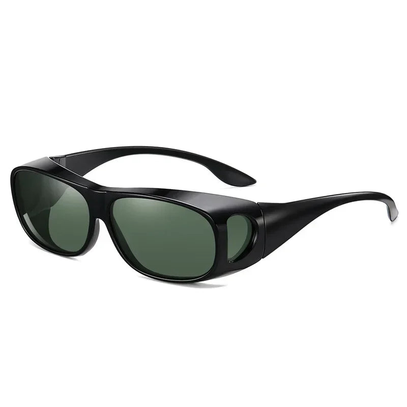 MOKDUFF Polarized Sunglasses feature a sleek black wraparound design with dark green UV400 lenses and wide side shields for extra coverage, fitting comfortably over regular glasses.