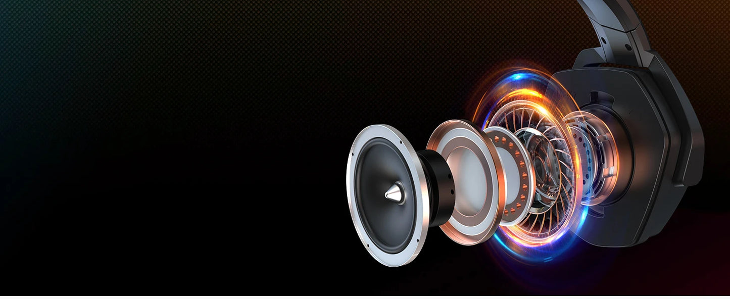 An illustration displays the interior of the NUBWO G06 Dual Wireless Headset With Active Noise Cancelling in an exploded view, featuring drivers and wiring. The dark black to brown gradient background enhances the intricate components.