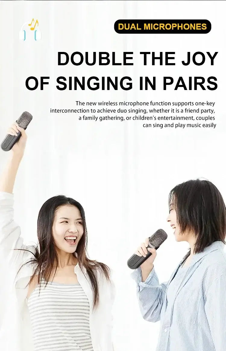 Two people joyfully sing with microphones, showcasing the Portable Dual Microphone Bluetooth Karaoke Machine for Parties. Perfect for duets at gatherings, one holds a mic upwards as both smile and connect with the music.