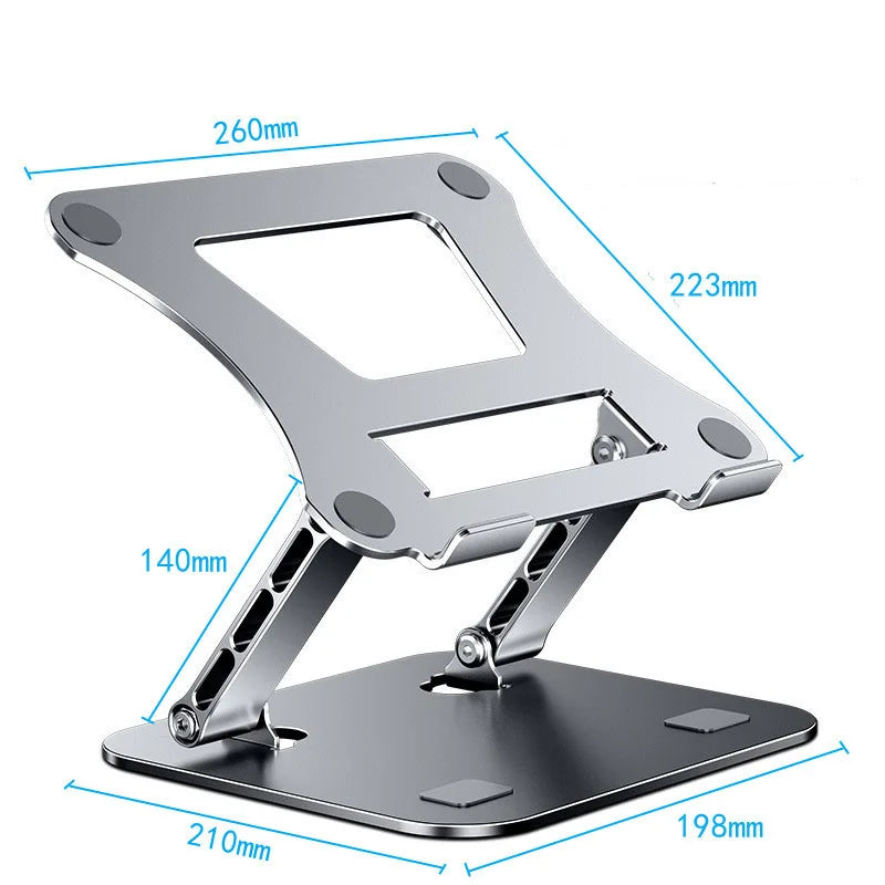 The Adjustable Aluminum Laptop Stand, an ergonomic portable holder, is crafted from durable aluminum alloy with dimensions of 260mm width, 210mm depth, and a height of 223mm. Its sleek design features pivoting joints and non-slip pads for secure use.