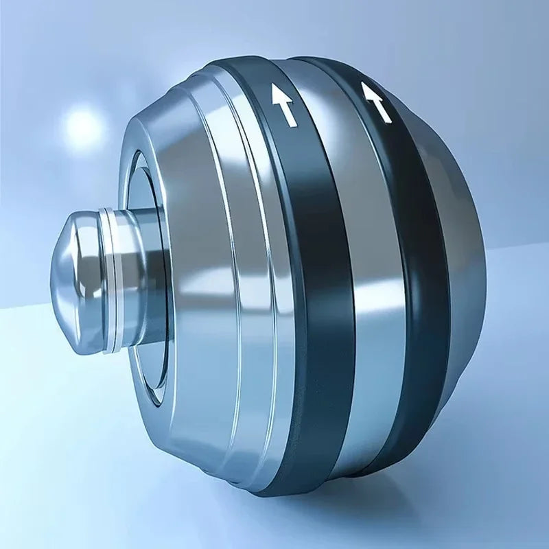 A close-up of the Gyroscope Power Ball Forearm Strength Trainer shows its metallic design with alternating black and silver stripes and two upward arrows, set against a smooth light blue background, ideal for strength training.