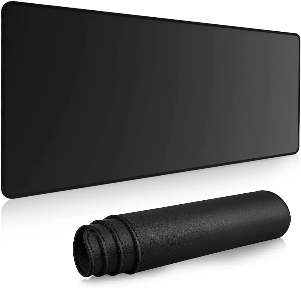 The Ziyoulang Large Mouse Pad, 800x300mm and rectangular with rounded corners, features stitched edges for flexibility and portability. Its showcased as a sleek black desk mat or a compact cylindrical roll.