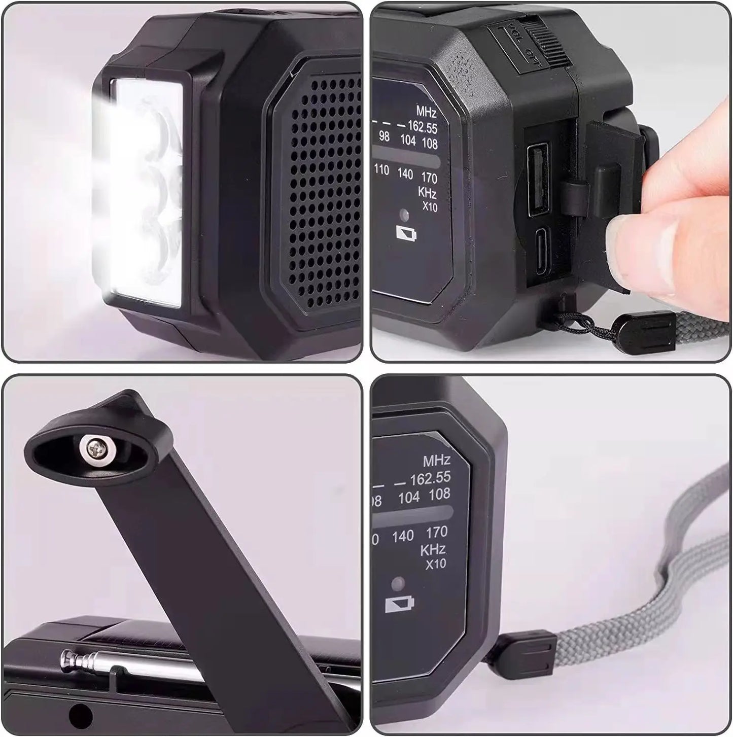 Collage of the Sayin Portable Solar Radio with Power Bank & Flashlight, featuring flashlight, radio controls, USB ports, and hand-crank lever. Highlights include its glowing light, frequency display, wrist strap, and emergency-ready Power Bank feature—an essential tool for any situation.