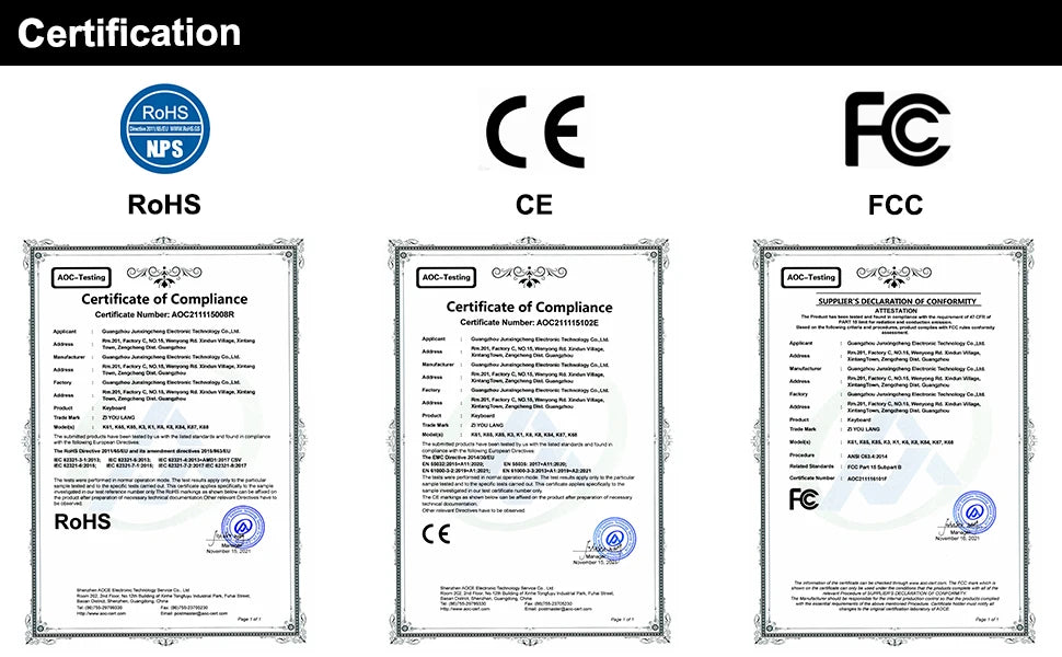 Under Certification, RoHS, CE, and FCC compliance certificates are displayed beside the Ziyoulang Large Mouse Pad 800x300mm with Stitched Edges, combining style and practicality beneath the detailed text and logos of each certificate.