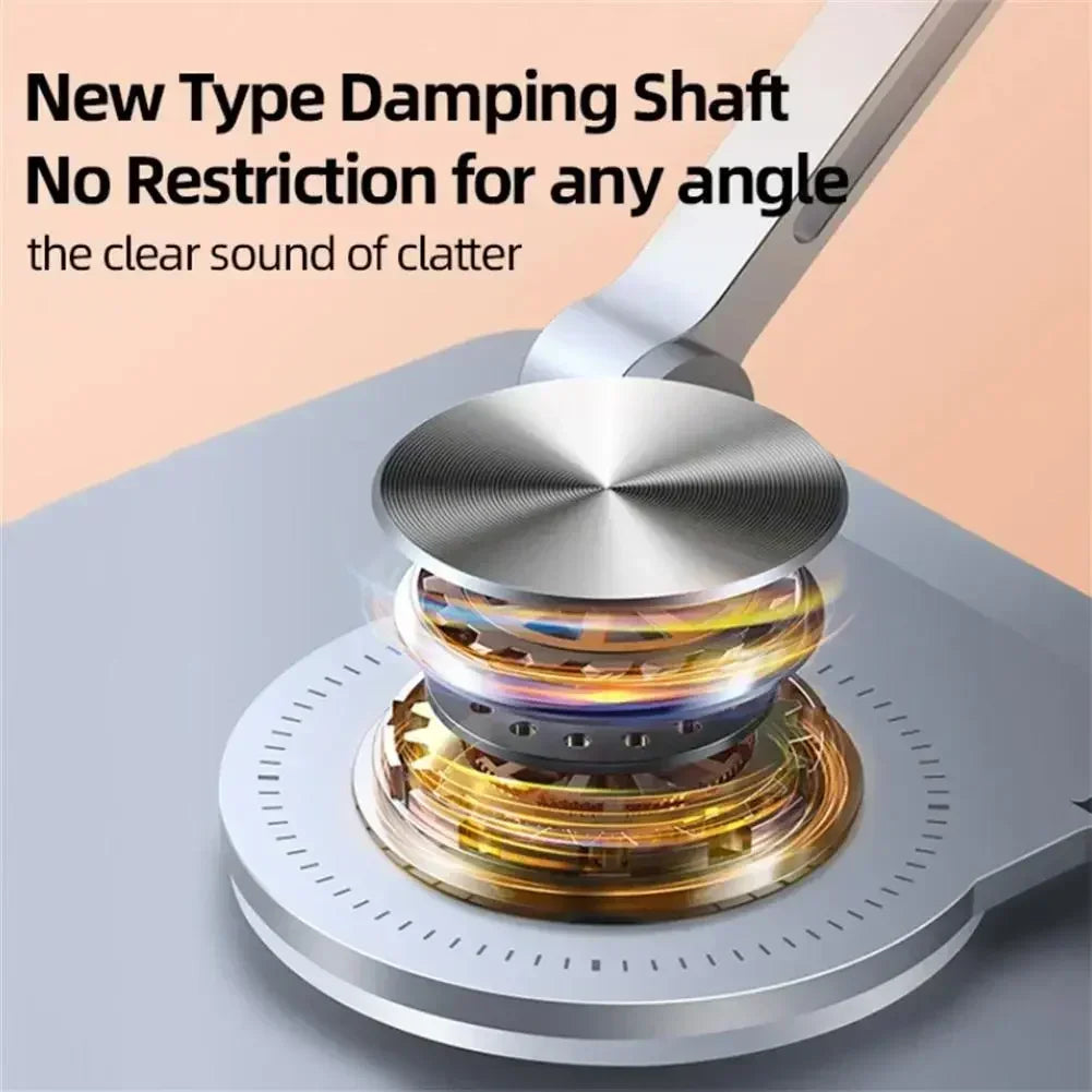 Close-up of a modern, shiny Adjustable 360° Rotatable Tablet Stand for 4.7-12 Devices with text reading New Type Damping Shaft No Restriction for any angle and 360° Rotation, against a gray background, showcasing its detailed design and technology.