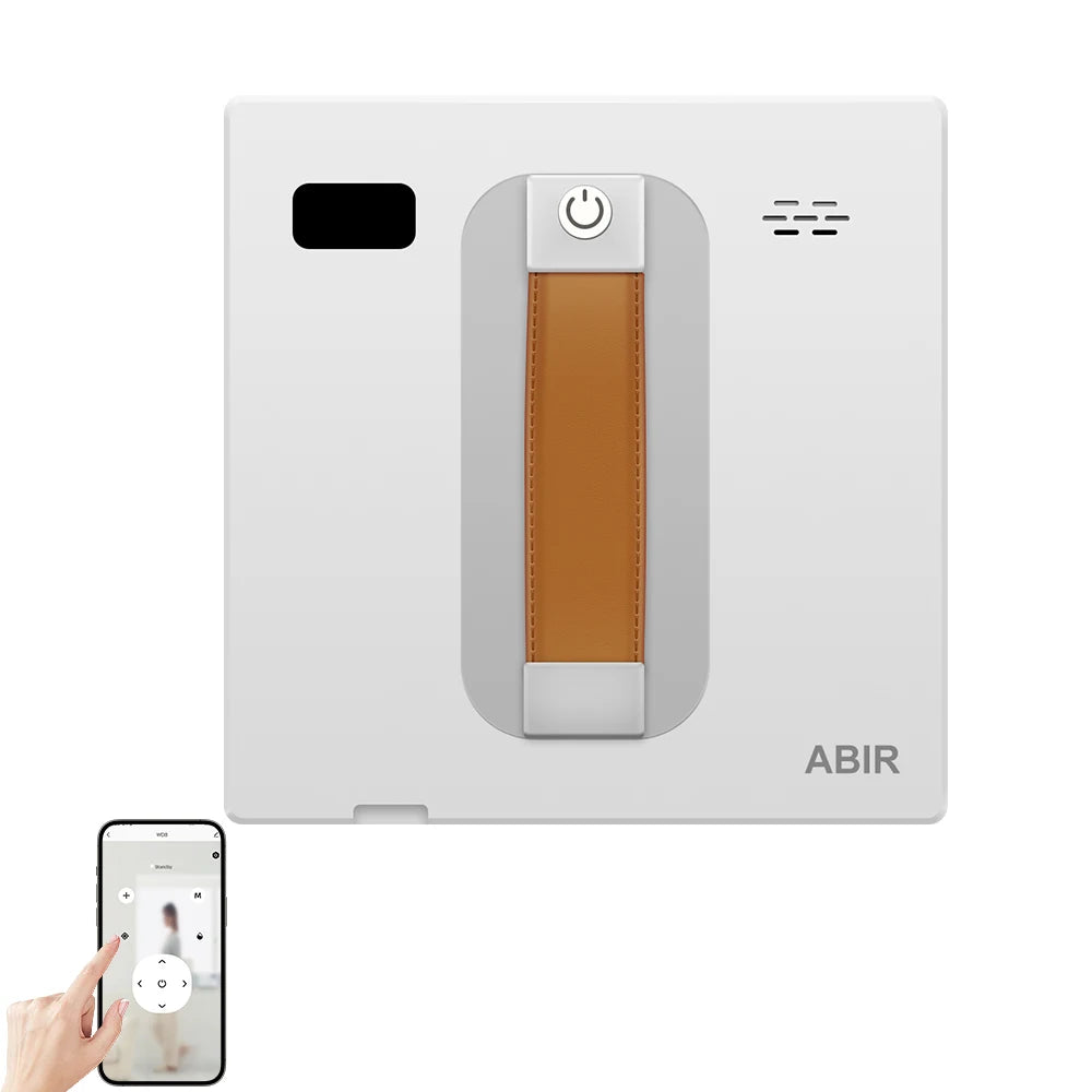 ABIR WD8 Robot Window Vacuum: A square white robotic window cleaner featuring a brown handle, central power button, and small speaker. Beside it, a smartphone screen shows the smart home app interface. Branded ABIR at the bottom right, its equipped with dual spray and laser sensor technology.
