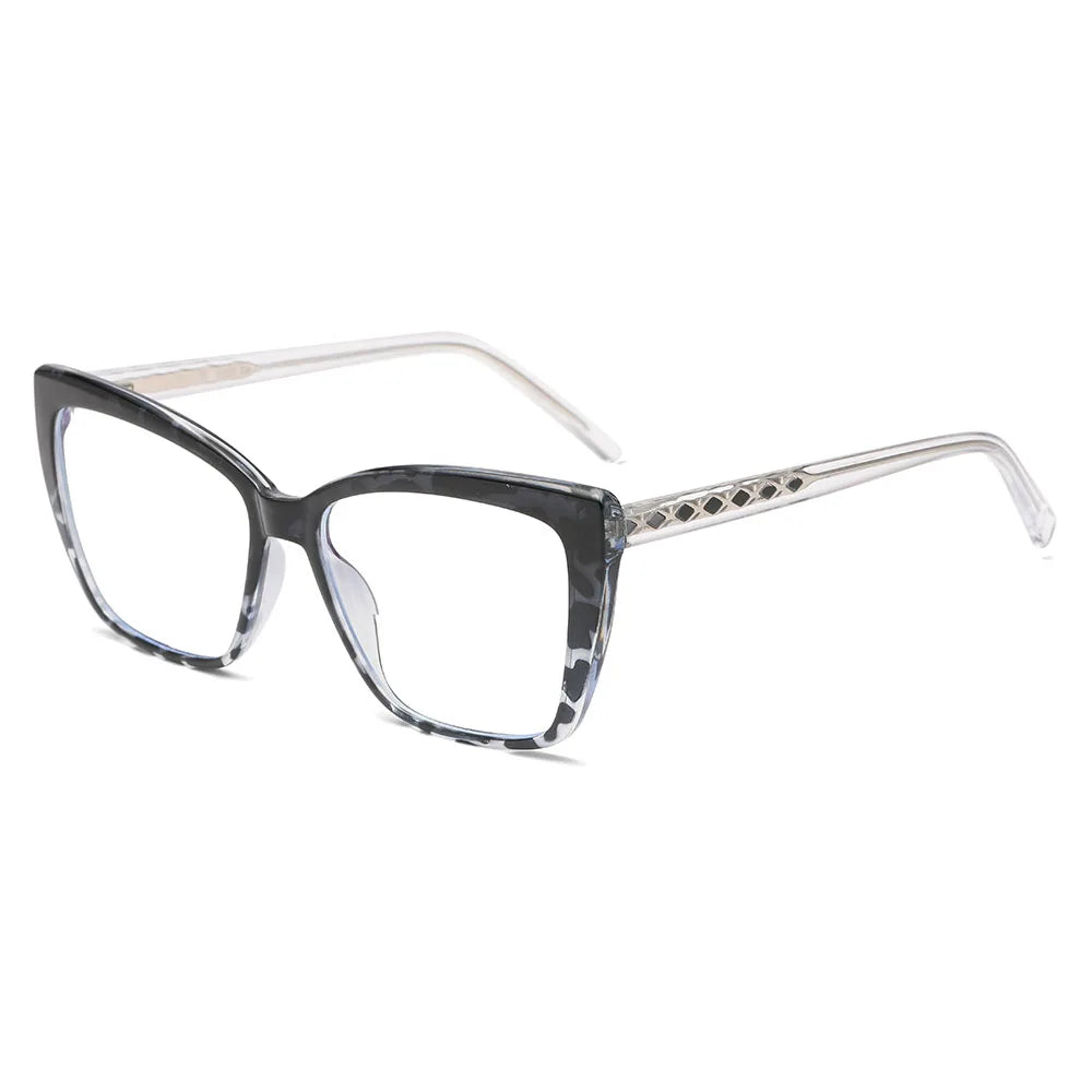 AABV Womens Cat Eye Bifocal Reading Glasses - Stylish Clarity feature a chic black and gray marbled cat-eye frame, clear arms, and diamond-pattern temple detail—ideal for bifocal reading or computer prescription use.