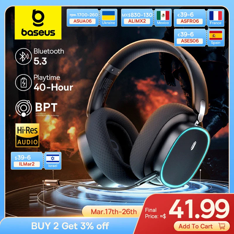 Baseus GH02 Gaming Wireless Headphones with 40-Hour Playtime