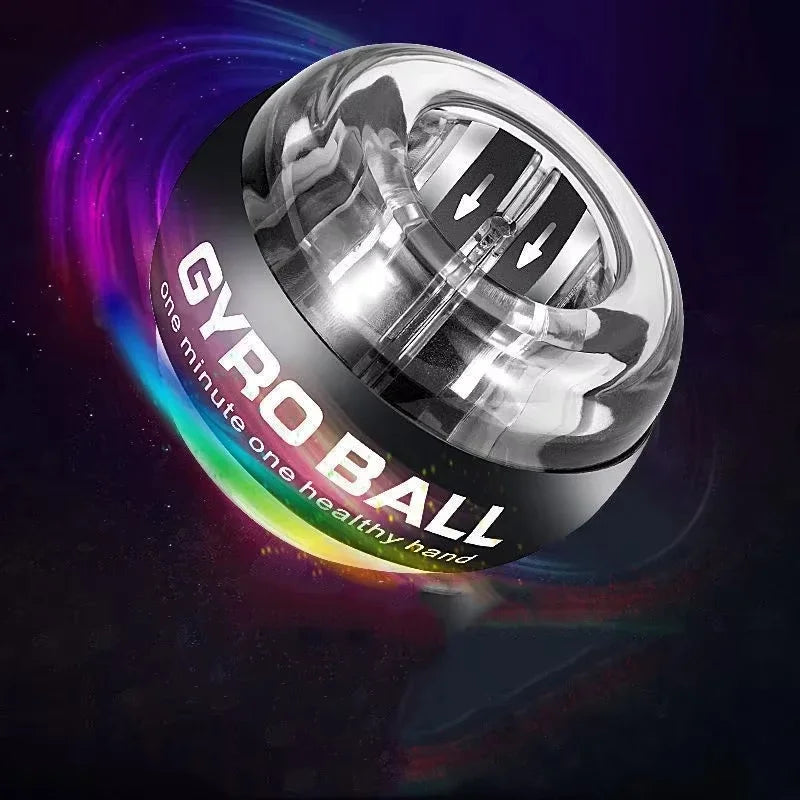 A Gyroscope Power Ball Forearm Strength Trainer with a transparent casing and visible mechanisms spins against a colorful background. The text reads: GYRO BALL one minute, one healthy hand—a powerful forearm exerciser for effective strength training.