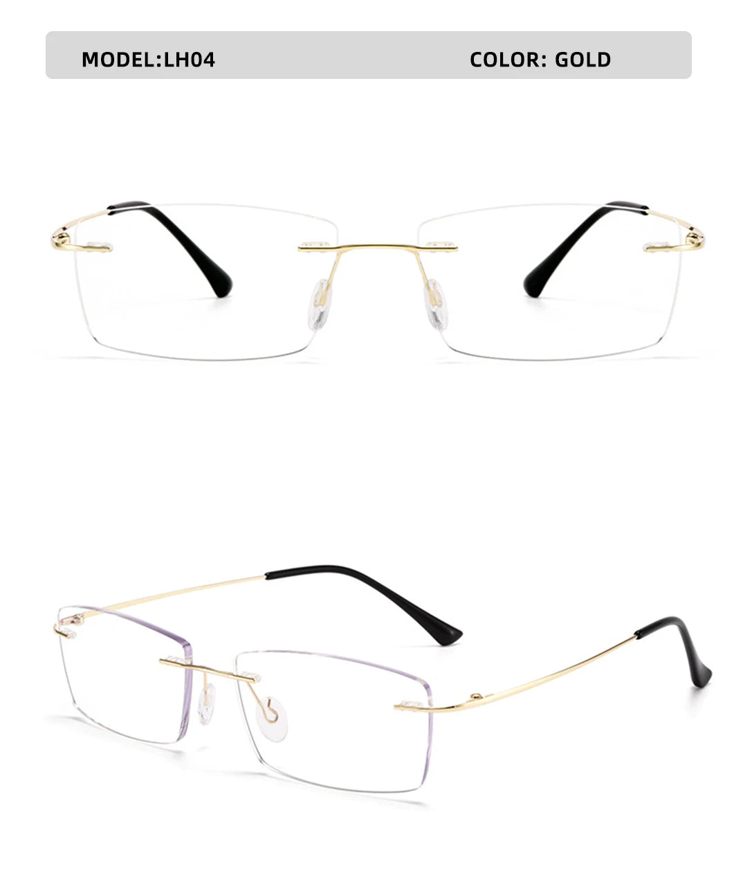 Two images of gold-rimmed, rectangular YINSQER Titanium Rimless Reading Glasses, featuring transparent, scratch-resistant lenses and black temple tips. The top view shows the front; the bottom view displays a side angle. Model LH04 Gold with blue light blocking for eye comfort.