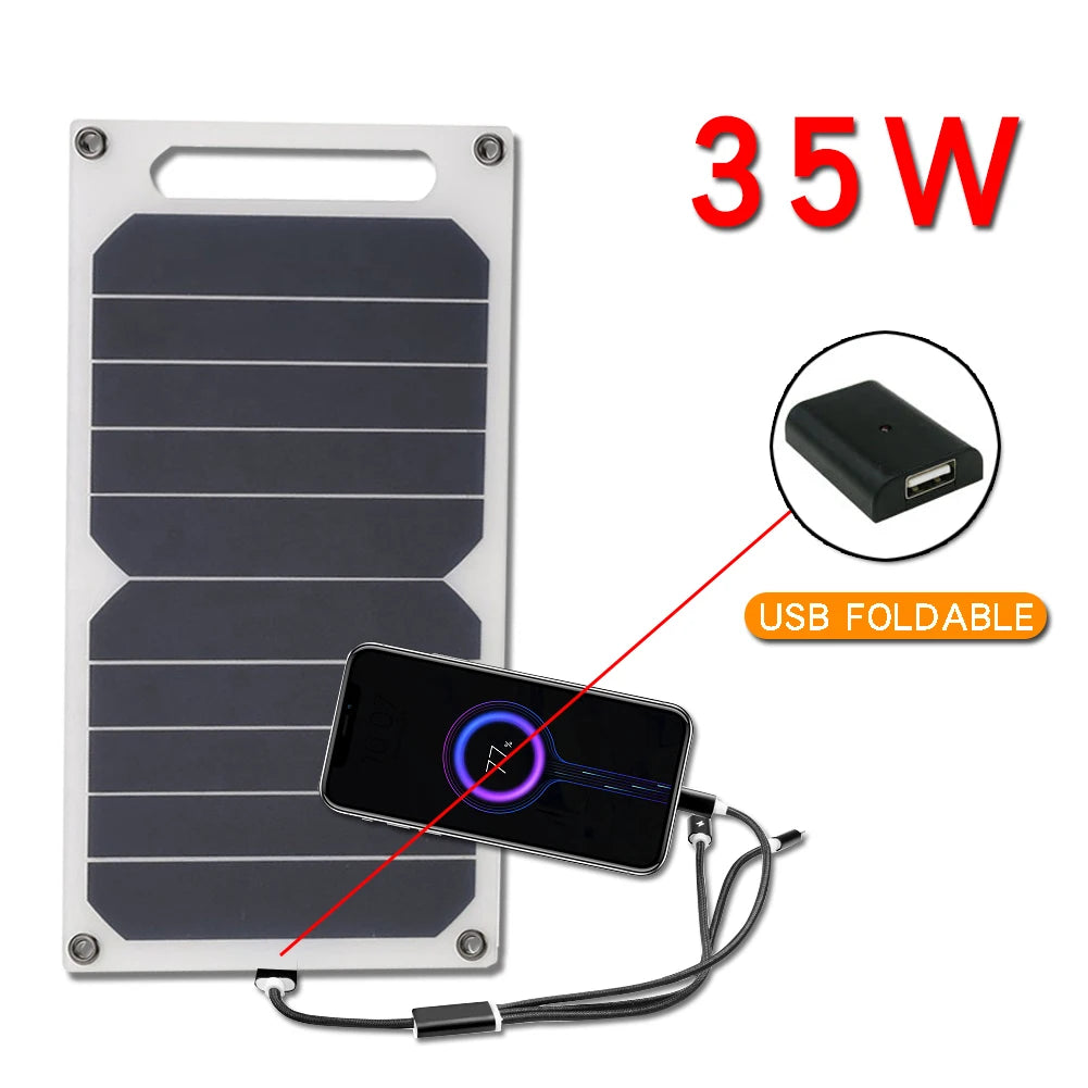The EESBAO 35W Solar Panel - Portable USB Charger with a handle is perfect for camping. It efficiently charges smartphones via USB, as shown in an inset image highlighting the convenient USB Foldable charger.