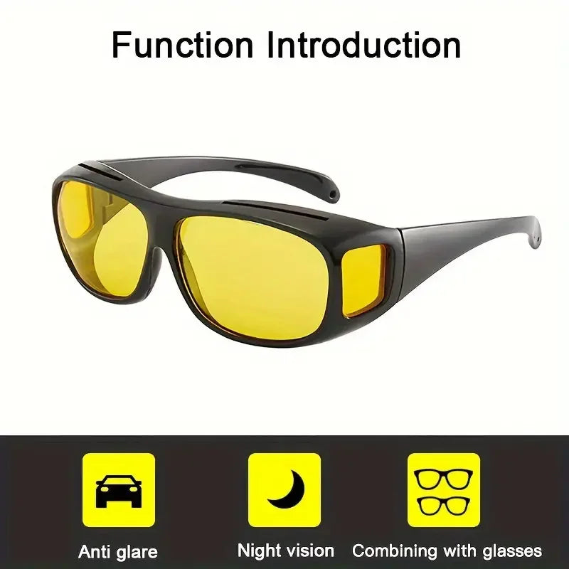 NoEnName Night Vision Glasses feature black frames and yellow tinted lenses for anti-glare and improved driving visibility at night, shown with icons for driving, night vision, and compatibility with regular glasses.
