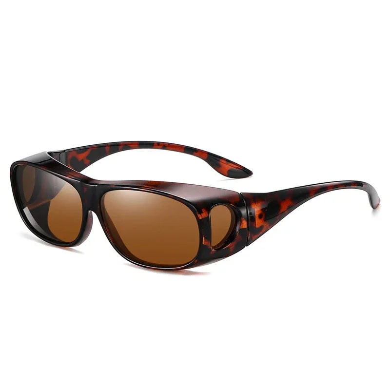 MOKDUFF Polarized Sunglasses feature tinted UV400 lenses and brown tortoiseshell wraparound frames with slightly curved, wide arms for side protection and a snug fit, ideal for seamlessly fitting over glasses.