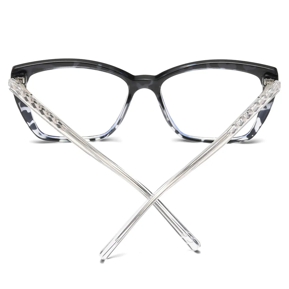 AABV Womens Cat Eye Bifocal Reading Glasses - Stylish Clarity feature a dark, patterned front frame with transparent textured X-shaped arms, displayed on a plain white background.