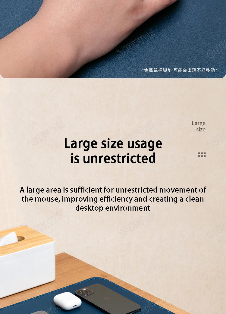 Close-up of a hand on the AIPHY Large PU Leather Mouse Pad - Stylish Waterproof Mat. Text below reads: Unrestricted usage with large size, offers ample space for smooth mouse movement, boosting efficiency and keeping the desktop tidy.