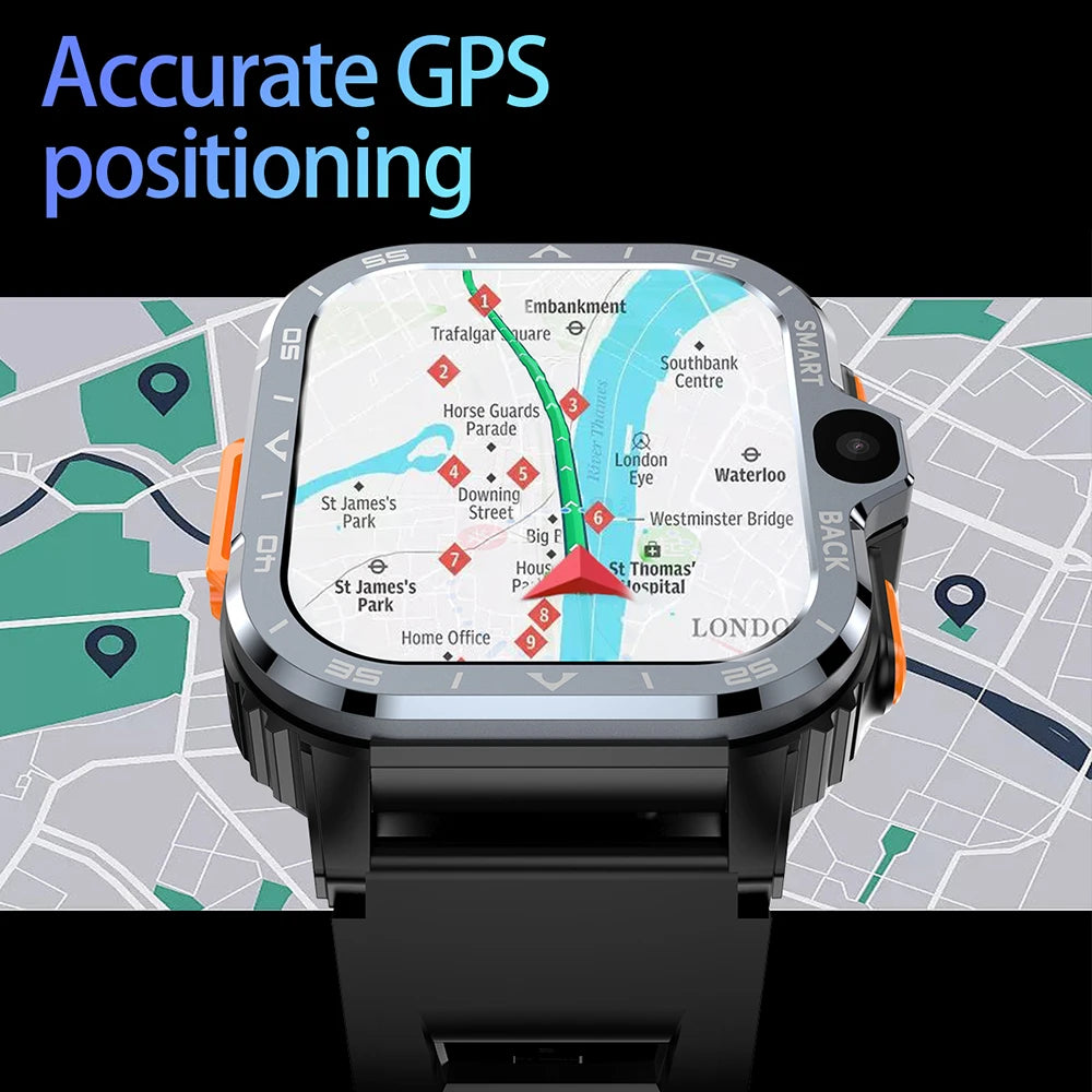The Valdus PGD Smart Watch for Men - 4G features a detailed city map display with landmarks and GPS markers. It showcases accurate GPS positioning in the top left corner, offering an immersive experience, complete with a zoomed-in view of a river and surrounding roads.