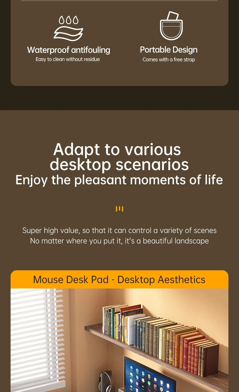 The promotional image features the Xummen Large Mouse Pad - Waterproof PU Gaming Desk Mat, showcasing its antifouling design, non-slip base, and free portability strap. Ideal for enhancing desktop aesthetics, its compatible with computers, books, and lamps.