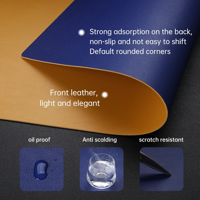 Close-up of the Xummen Large Mouse Pad - Waterproof PU Gaming Desk Mat, showcasing its dual-colored blue and tan leather design. Features include strong back adhesion, a non-slip base, rounded corners, lightweight build, oil-proof surface, anti-scalding properties, scratch resistance, and images with water droplets and glass marks.