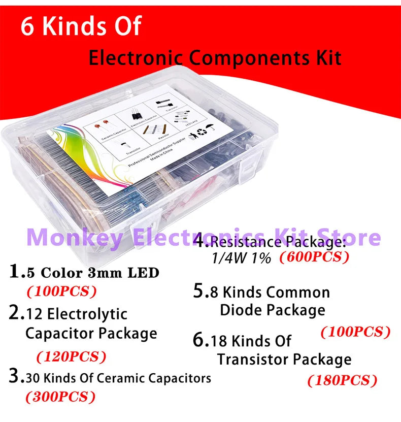 Image of the clear plastic NoEnName_Null 6-in-1 Component Kit features 3mm LEDs, electrolytic and ceramic capacitors, resistance, diode, and transistor packages with quantities. Ideal for DIY mobile repairs and tech enthusiasts.