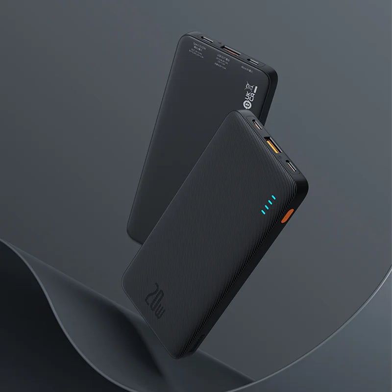 Two sleek, black Baseus Airpow 20W Power Banks are set against a dark, wave-patterned background. One shows LED lights indicating a 10000mAh charge. Featuring USB ports and subtle branding, theyre ideal as fast charge portable chargers for your devices.