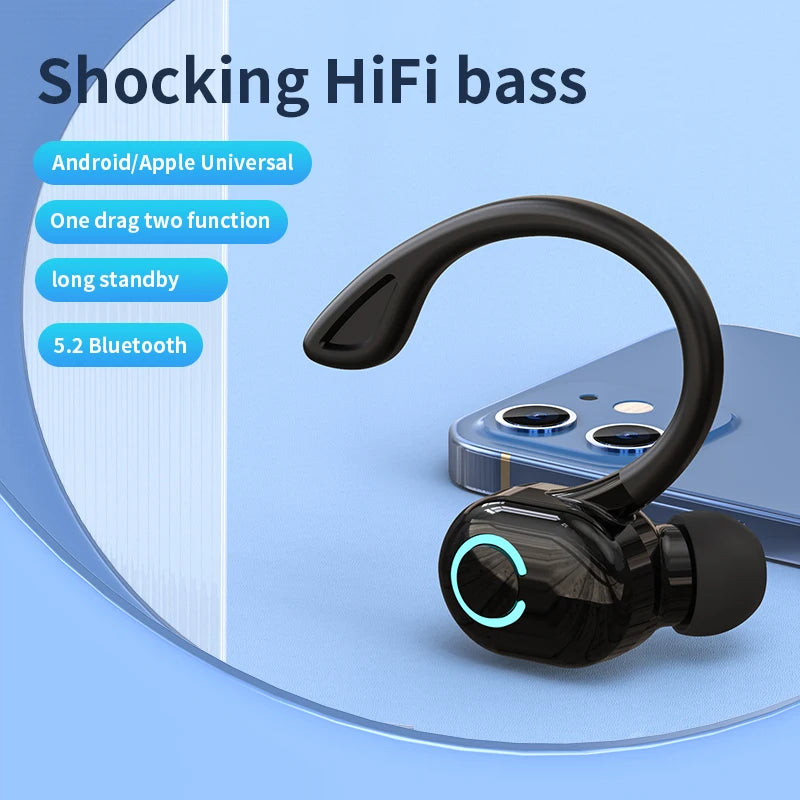 An image shows a black earhook VAORLO Bluetooth 5.2 Mini Headphone on a blue surface beside a smartphone. Highlights include shocking HiFi bass, Android/Apple compatibility, one drag two function, long standby, waterproofing, and noise-canceling features for ultimate performance.