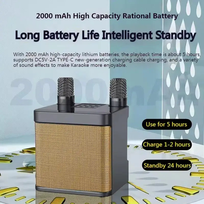 The image of the Portable Dual Microphone Bluetooth Karaoke Machine for Parties displays dual mics, a stylish decorative clock, and musical notes. Text highlights its 2000mAh battery with a long life, offering up to 5 hours of use after just a 1-2 hour charge.
